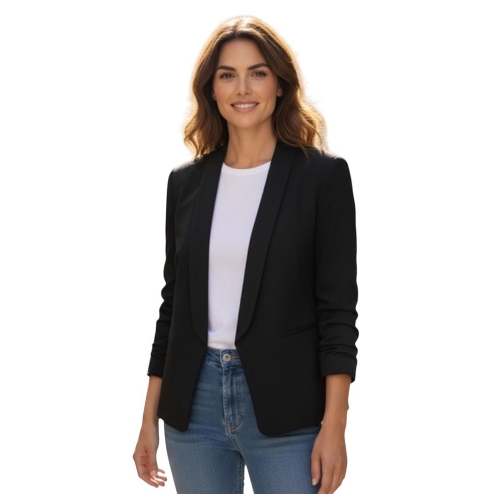 Madison Black Wool Blend Open Front Jacket Size 12 | Classic Minimalist